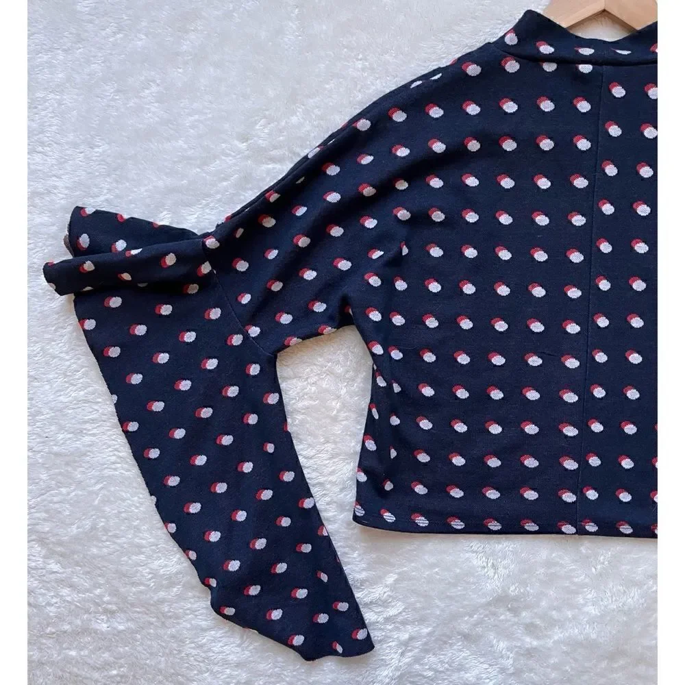 BCBGeneration Blue, Red & White Polka Dot Flutter Sleeves Mock Neck Crop Top